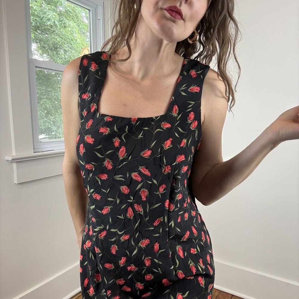 Vintage Floral Dress Set 3 Piece Black Rose Print Crinkle Midi Dress Cardigan
